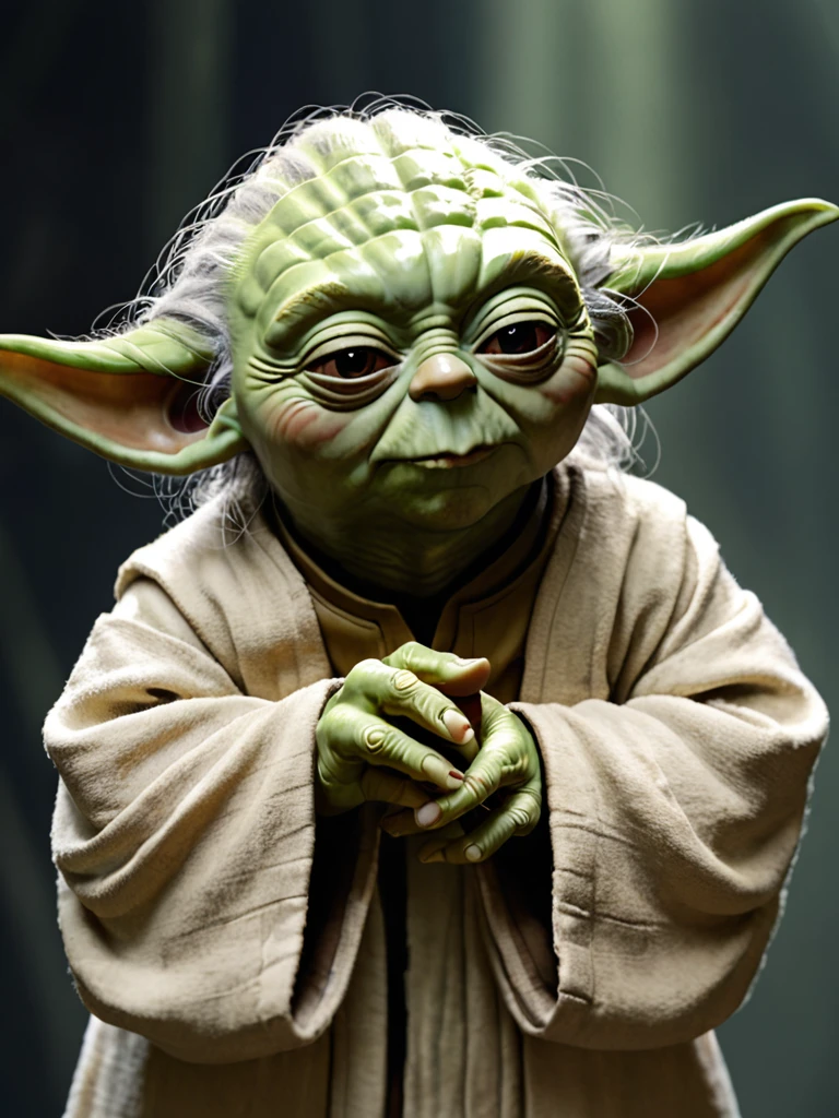 Close-up of Yoda&#39;s face during a meditation with BANAana dwarf, eyes closed in concentration, green skin illuminated by the whirring of the Jedi weapon, 50mmf/1.8 Lenses Emphasizing Spiritual Connection to the Force, 4k resolution.