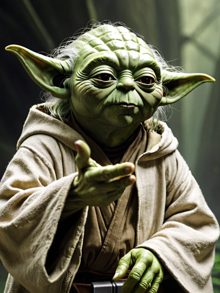 Close-up of Yoda&#39;s face during a meditation with BANAana dwarf, eyes closed in concentration, green skin illuminated by the whirring of the Jedi weapon, 50mmf/1.8 Lenses Emphasizing Spiritual Connection to the Force, 4k resolution.