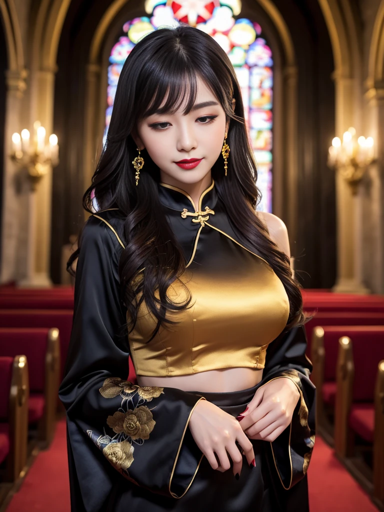best quality、masterpiece、highres、resolution、photorealistic、4K、8K、tra-detailed、Japanese、attractive beauty、seductive adult woman、pretty woman、piercing eyes、cool girl、wavy hair、swept bangs、Long Black and Gold Cheongsam、wide sleeves、Evil cadres、evil depravity、brainwash、mind control、lipstick、lip gloss、dark makeup、smirk、whisper in your ear、Evil expression、evil、hollow eyes,half-closed eyes、empty eyes、evil、church at night、vampire、succubus、vampire、Swear allegiance、sexy pose、hair ornaments、Charming, alluring, alluring, evil, seductive eyes, evil smile, exposed shoulders, exposed waist, exposed thighs
