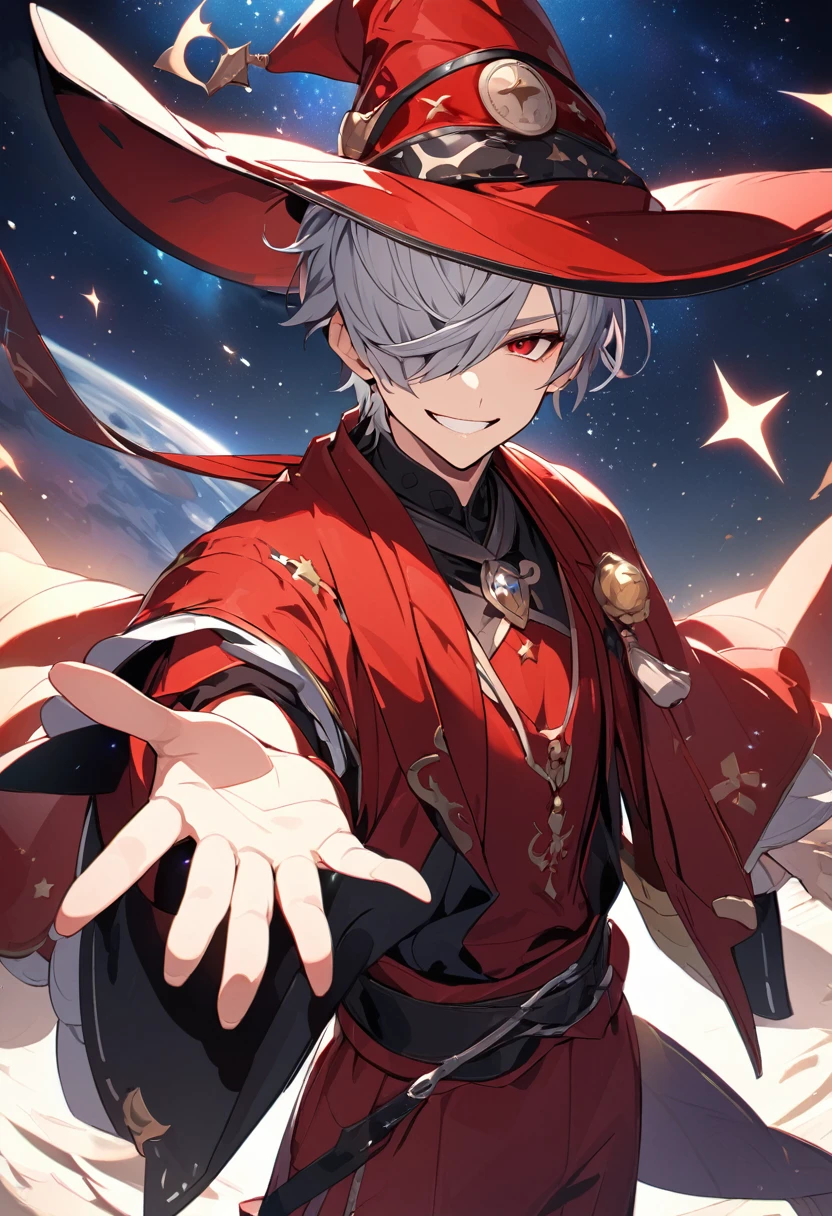 One boy、Grey Hair、Hairstyle、short、Red eyes、Slanted Eyes、whole body、Are standing、black and red outfit、astrologer、Raise your right hand、View Viewer、Starry Sky, grey hair, hair over one eye, hair over one eye, short hair, wizard hat, tsurime, red eyes, grin, Overlooking、 アニメ, uhd, super detail