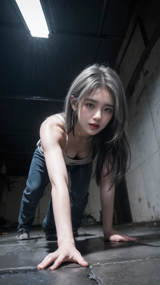 21yo girl, gray hair, (crawl in under of viewer:1.6), (from below:1.8), natural big breast, plump body,single sidelock hairpin blush, modern cinematic lighting, ray tracing, drop shadow wide shot UHD, textured skin, high details, best quality 4K, crawl pose, setup face, sad, Grunge style create a photo realistic image that the viewer has never envisioned before,the image should demonstrate extreme creativity,imaginative,bold,inspiring,original in subject,original in style,amazing composition,intricately detailed,absurdly complex.