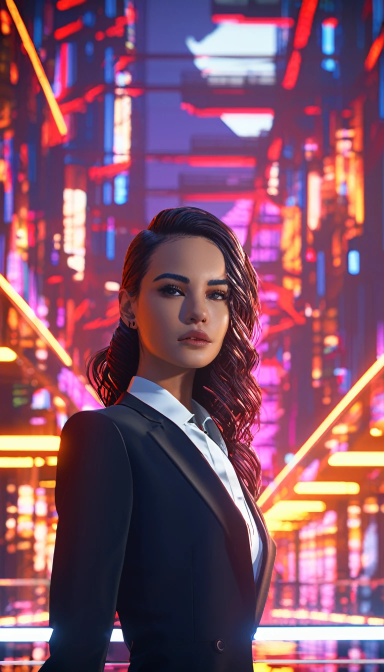 16K, High resolution, RTTX 10.0, Ray Tracing, Natural light, Absurd, Top quality masterpiece, Perfect anatomy and highly detailed face, Fine grain, One girl, alone, Wearing a business suit, shirt, Open the top button, Beautiful Hair, very beautiful, Edgy, nice, Evil Aura, the wind is strong, Glowing Eyes, Serious expression, dystopian city, Futuristic, Detailed Background, Awards, Neon Light, Talked about at the art station