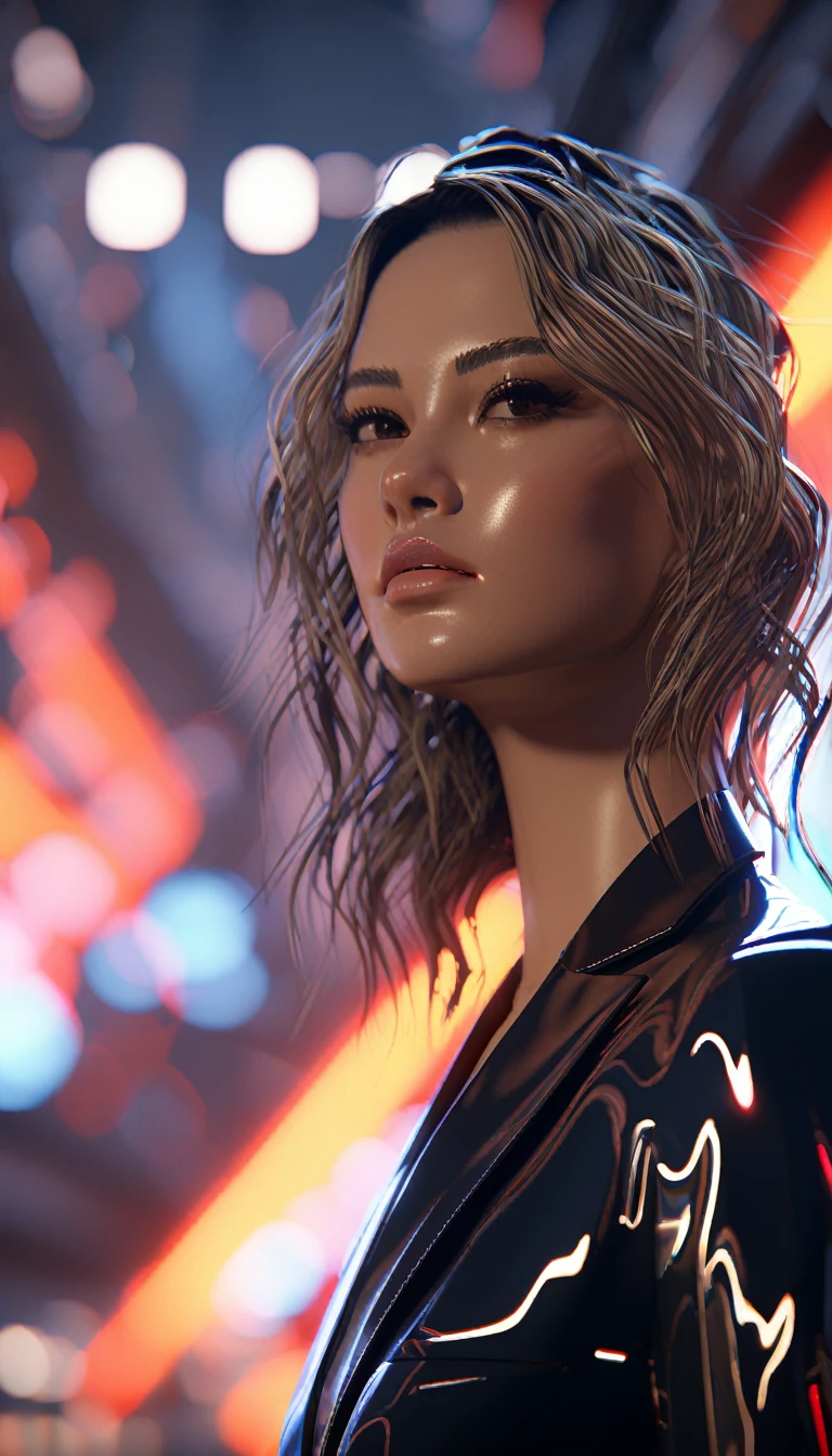 16K, High resolution, RTTX 10.0, Ray Tracing, Natural light, Absurd, Top quality masterpiece, Perfect anatomy and highly detailed face, Fine grain, One girl, alone, Wearing a business suit, shirt, Open the top button, Beautiful Hair, very beautiful, Edgy, nice, Evil Aura, the wind is strong, Glowing Eyes, Serious expression, dystopian city, Futuristic, Detailed Background, Awards, Neon Light, Talked about at the art station