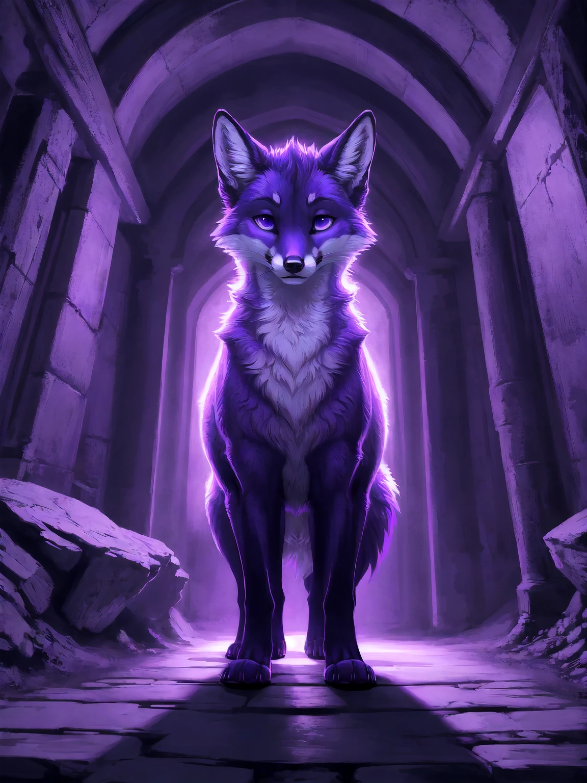 narrow, fox masterpiece, of the highest quality, beautiful, majestic, purple lighting, bright
