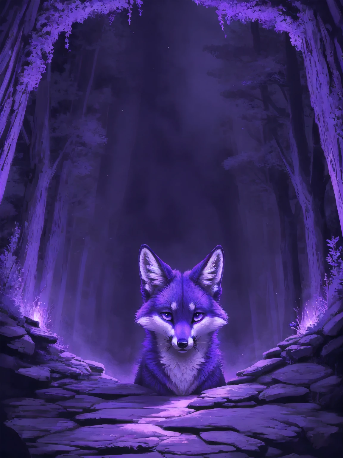 narrow, fox masterpiece, of the highest quality, beautiful, majestic, purple lighting, bright