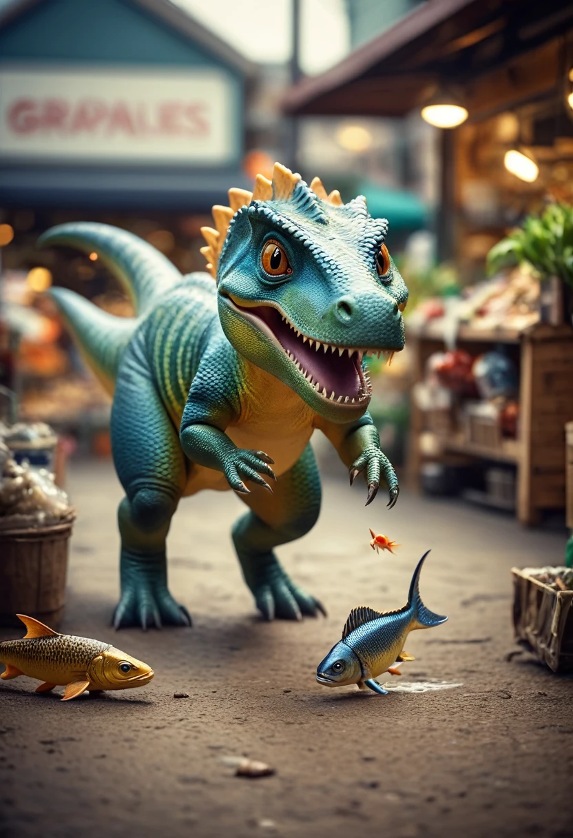 A still of a little dinosaur that just stole a fish from a fish store, Dinosaur escapes in the market,The market owner is chasing behind,Shallow depth of field, Vignette, Very detailed, High Budget, Bokeh, Widescreen, , epic, Gorgeous, Film Grain, Granular