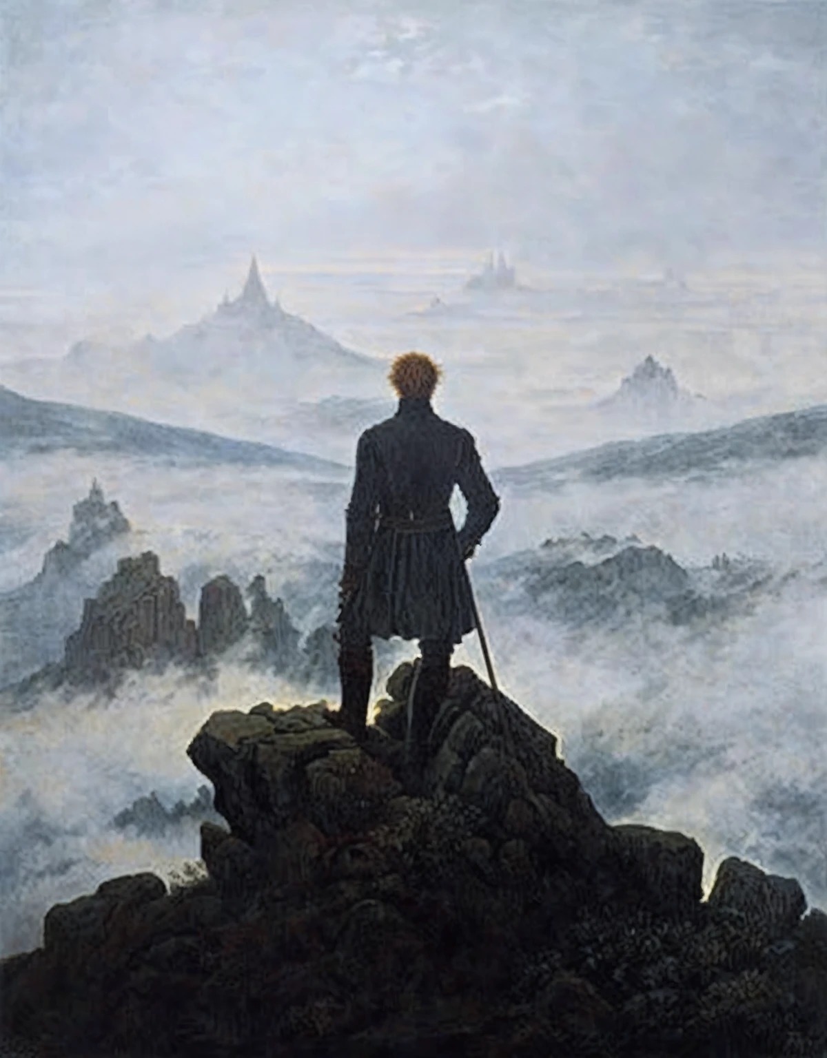 a painting of a sith with his red sword, quimir the acolythem, backwards, standing on top of a mountain, that man is quimir, sith the acolyte, Wanderer over the sea of fog, a wanderer on a mountain, inspired by Caspar David Friedrich, DAVID FEDERICH, asher DAVID FEDERICH, romance painting, Par Friedrich, inspired by Friedrich Ritter von Friedländer-Malheim, by Caspar David Friedrich, romance, german romance style
