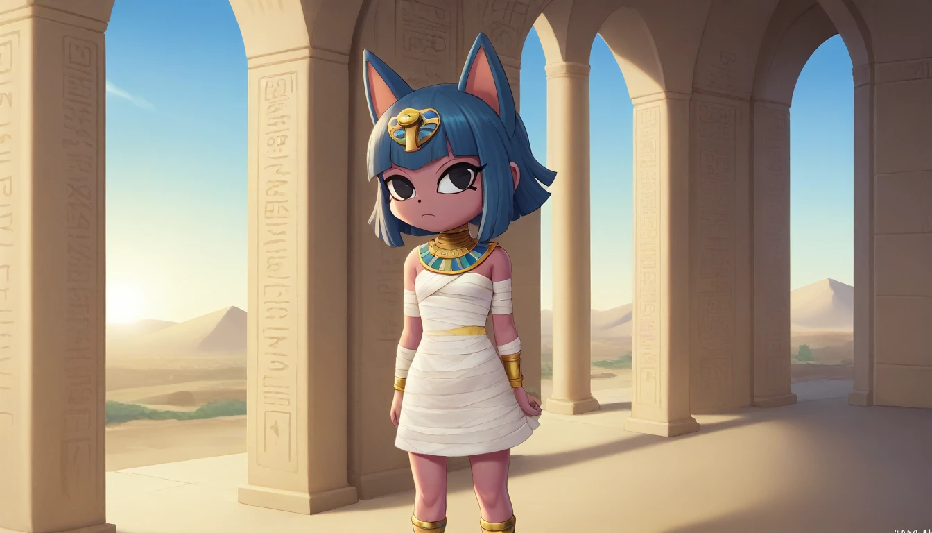 1girl,Artist Name,Egyptian cat,Blue Hair,skin,Keep your mouth shut,Wear,whole body,solo,Standing,猫Tail,Keep your mouth shut,Wear,Looking at the audience,Animal Crossing Furry, Blue Hair, Hair accessories, 黄skin, black eyes, White Dress, Tail, Egyptian Pyramids,mummy,Sunlight,sunny,(masterpiece), ((best quality), Detailed background, masterpiece, best quality, high quality, absurd, The award-winning, professional, Very detailed