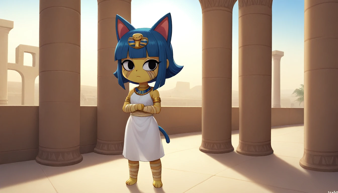 1girl，Artist Name，Egyptian cat，Blue Hair，skin，Keep your mouth shut，Wear，whole body，solo，Standing，猫Tail，Keep your mouth shut，Wear，Looking at the audience,Animal Crossing Furry, Blue Hair, Hair accessories, 黄skin, black eyes, White Dress, Tail, Egyptian Pyramids，mummy，Sunlight，sunny，(masterpiece), ((best quality), Detailed background, masterpiece, best quality, high quality, absurd, The award-winning, professional, Very detailed