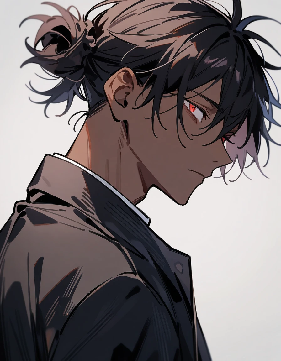 (1boy,jujutsu kaisen) solo, ((brown skin color)), black hair, ((messy fringe hairstyle)), red eyes, black suit, tired eyes, eye bags, , masterpiece, best quality, high quality, upper body, male focus, eye bags,