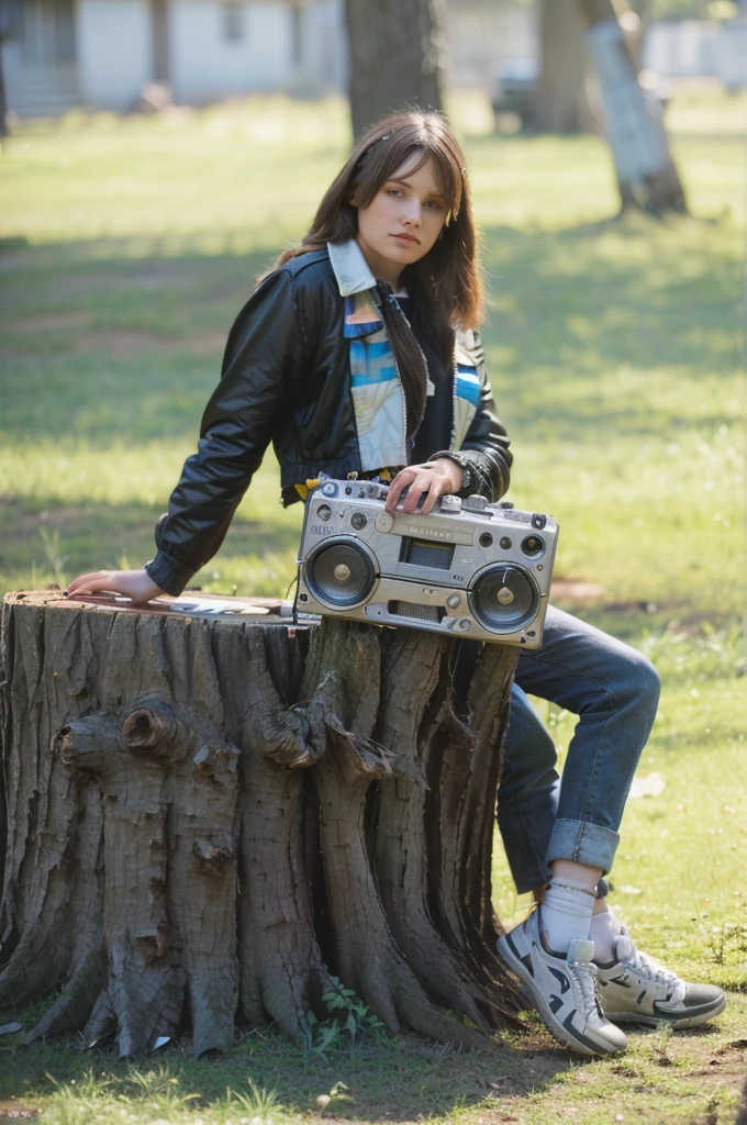 woman sitting on a tree stump with a radio cassettes in her hand, radio cassettes, promotional shot, Ghetto Blaster, marty mcfly woman, musician, medium shot portrait, &#39;Ramona Flowers&#39;, big Ghetto Blaster, platforms, Speakers, promotion still, Promotional photo, look , film suit photo, Lofi Girl, informal photography, high resolution photo, alexandra fomina