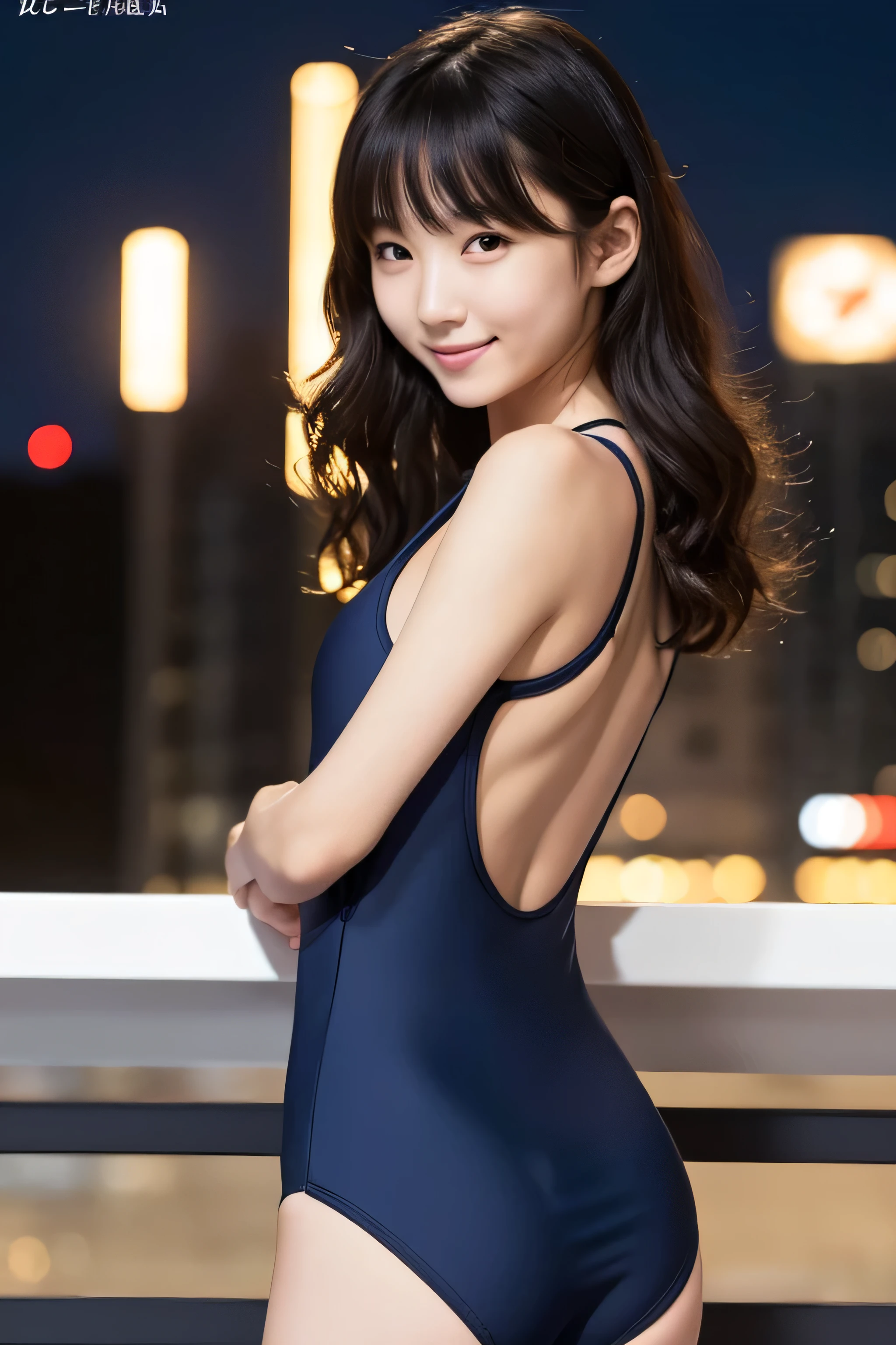 Skinny girl,Japanese women,Slender models,functional,17 year old female,low length,smile,thin,dignity,a healthy woman,,(Navy one-piece school swimsuit（With logo)),strap,Curly long hair ,bangs , Bold Pose,thigh , Realistic, high quality 8k, perfection, Best image quality,Night view