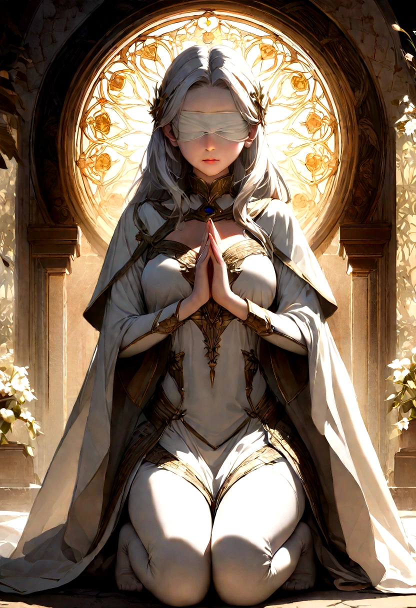 Imagine a high resolution, photorealistic image that exquisitely captures a person genuinely praying. The person is kneeling with both hands carefully joined together, in a gesture of deep devotion. The backlight is absolutely realistic, emanating from a heavenly source and filling the scene with a gentle, Natural brightness. Every detail of the picture is offered, from the wrinkles on the person&#39;s hands to the subtle nuances of shadow and light on their face. Image quality is exceptional, with textures, Cores and details that seem to pop out of the screen. This image is a stunning representation of faith and spirituality, able to touch the heart of whoever contemplates it.Create an original character design sheet,pristress girl , holy maiden , praing , crystal white armor , white hair , crystal clear blindfold,octane render, best quality