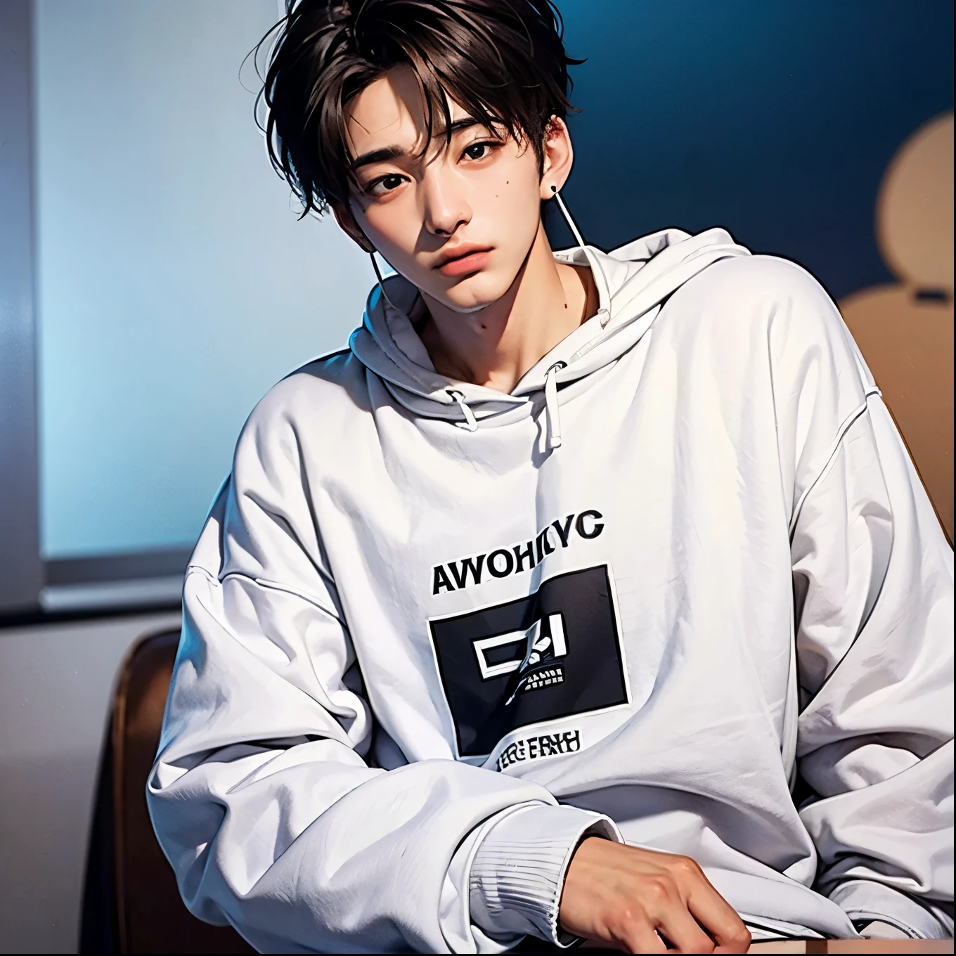 Handsome 20 years old man wearing white sweatshirt and headphones photoshoot