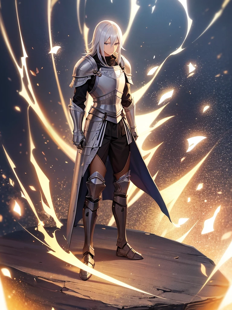 Male, wearing knight armor and knight helmet, standing at attention, hands at sides, fully in frame, full body shot, facing viewer, lone figure, sole person, Fairy Tail, Fairy Tail style