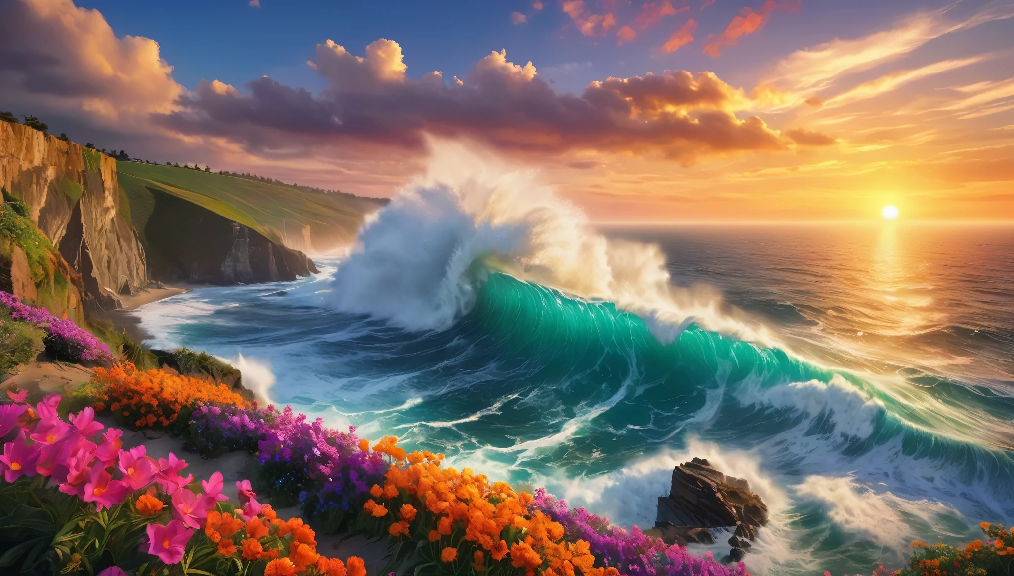 beautiful sunset seascape, big waves crashing against the cliff, colorful flowers blooming on the cliff (masterpiece, ultra quality, high resolution, 8k, intricate: 1.2), (masterpiece), (best quality:1)
