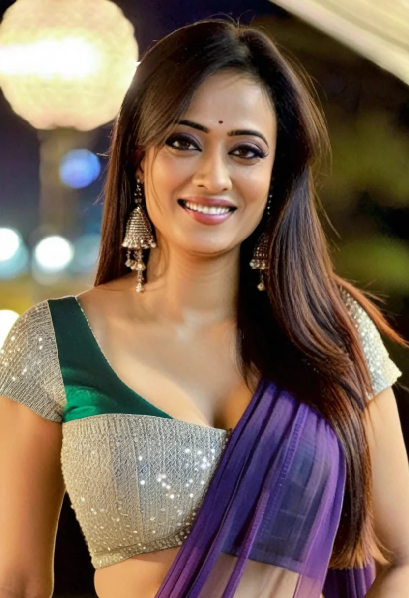 ultrarealistic hot sexi half saree without bra,photo of a thin woman, Shweta Tiwari, outdoors, realistic skin texture, smiling, looking looking at camera, (kurta, Jeans:1.2), smiling, night time, beautiful bokeh   