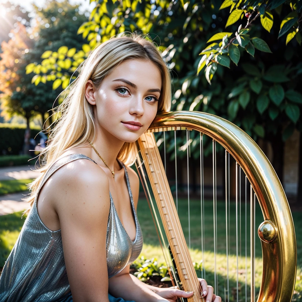 a beautiful blonde girl playing a harp in a park, 1girl, detailed face and eyes, long blonde hair, elegant girl, serene expression, playing harp, sitting in a garden, lush greenery, sunlight, warm lighting, golden hour, vibrant colors, highly detailed, photorealistic, 8k, masterpiece, intricate details, delicate features