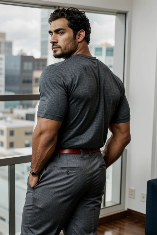 A Hispanic black man with a face that looks like Henry Cavill. black man, His body is muscular and he has a toothed beard.. Big Butt, in a moment of reflection. full body. Fajada shirt, semi formal clothing, grey pants, backside.