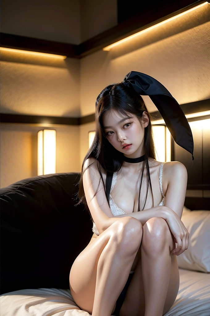 26 year old woman dark hair and black eyes on the bed sitting a little big  pale skin and in underwear with the face of Jennie from blackpink Asian Idol 