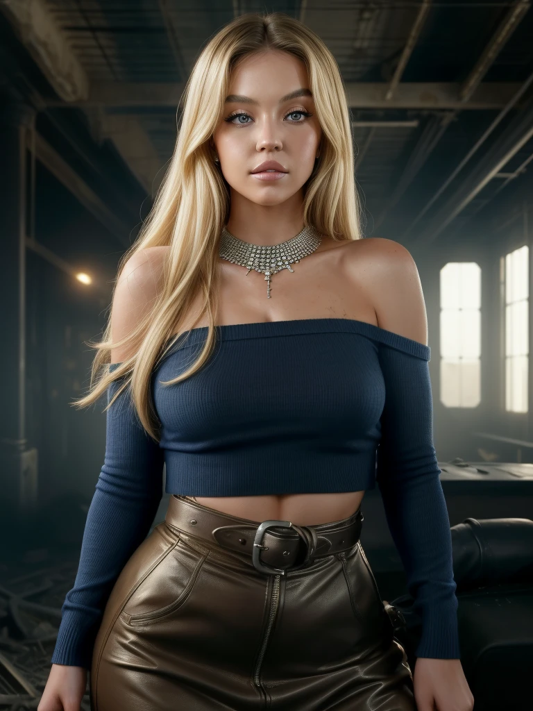 gorgeous woman (sysweeney), Solo, Long hair, Looking at Viewer, blonde hair, Bare shoulders, blue eyes, jewely, Full body, a necklace, off shoulders, Sweaters, Realistic, A sexy, leather, ruined living rom background, apocalyse, mad max setting