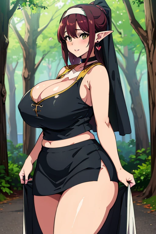 NJAkiV4, ((nun's)), (yellow line on tunic) , takeda hiromitsu style, best quality, high resolution, black hair, ponytail, (enormous breasts), shiny skin, (elegant), deep cleavage, wide hips, thick thighs, (big ass), (excessive breast expansion), earrings, skindentation, horny, huge breasts, forest, alluring, tight clothes, choker, (hearts), outgrown clothes, (slut), huge breasts, (veiny breasts), (chubby), (plump), (midriff), elf, long ears, pointed ears