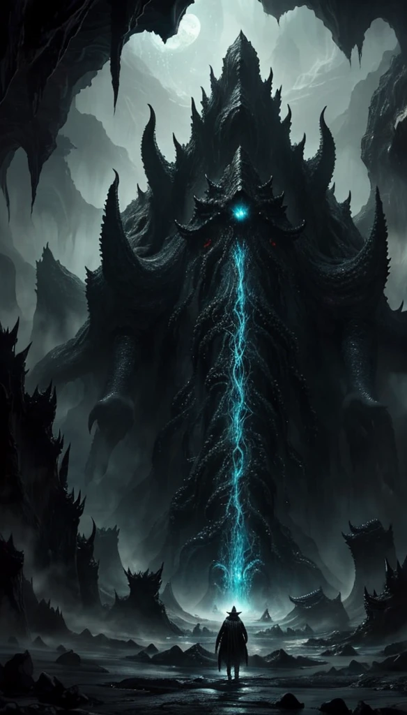 A black abyss monster emitting uncertain white light is walking。
Emitting black mist,Giant monster,Horrible God,Dark creatures,Cthulhu God,Lovecraftian gods。A huge cave in the background,Lovecraft atmosphere,Lovecraftian inspiration,lovecraftian background,Dark background,Weird atmosphere,Strange sounds,Doomsday atmosphere,Unpredictable atmosphere。Tentacles, Lovecraftian inspiration, Lovecraftian cosmic horror, Lovecraftian hellscape, Fantasy cosmic horror, Lovecraftian atmosphere。