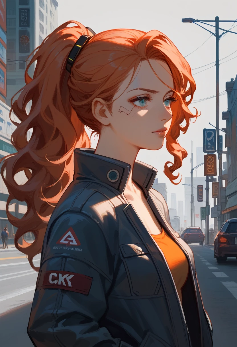 (masterpiece:1.2, best quality),(1lady,alone,upper body:1.2),tall girl, red hair tied in a ponytail,Female anatomical drawing,Middle side,Muscle fibers,gray background,artwork conceptual,road signage, city,cyberpunk,hands in pocket,curly hair,orange hair,dark blue iris,medium breasts,