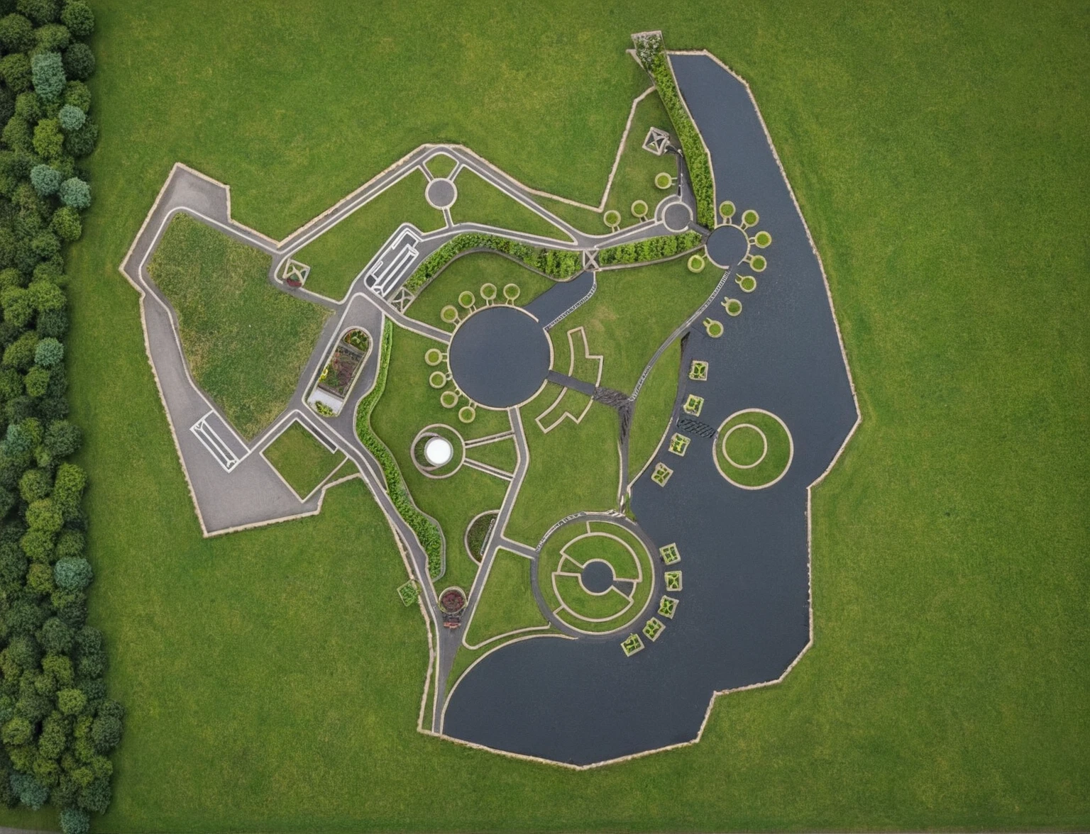 Masterpiece, high quality, best quality, authentic, super detail, outdoors, topview, masterplan, garden landscape, river across, road, pavement, grass, trees (day:1.1), realistic lighting