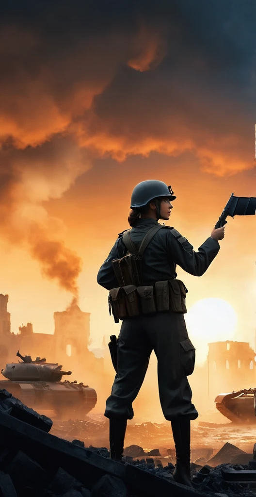（A female soldier raised her hand to touch something，Background is the ruins of the city，Under the sunset：1.5）painting masterpiece, Extremely detailed, Black White Dark Steel Dark Blue Black Light Brown Dark Brown White Light Orange Dark Red Dark Green, Dramatic Lighting, evening, High contrast, steam, FOG, Israeli soldiers fighting with tanks on the battlefield, Movie Lighting, Aspect ratio of 16:9, steam, 4K, professional ominous Concept Art, author：artgerm and greg rutkowski, complex, elegant, Highly detailed digital painting, Concept Art, Smooth, Clear focus, illustration, Simon Starenhagen&#39;s style, Wayne Barlow, 和 igor kieryluk., Acrylic painting, Popular in pixiv Fan Box, Palette knife and brush strokes, Makoto Shinkai&#39;s styleJamie WiseJames GirardEdward HopperGreg RutkowskiStudio GhibliGenshin Impact