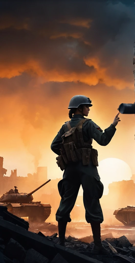 （A female soldier raised her hand to touch something，Background is the ruins of the city，Under the sunset：1.5）painting masterpiece, Extremely detailed, Black White Dark Steel Dark Blue Black Light Brown Dark Brown White Light Orange Dark Red Dark Green, Dramatic Lighting, evening, High contrast, steam, FOG, Israeli soldiers fighting with tanks on the battlefield, Movie Lighting, Aspect ratio of 16:9, steam, 4K, professional ominous Concept Art, author：artgerm and greg rutkowski, complex, elegant, Highly detailed digital painting, Concept Art, Smooth, Clear focus, illustration, Simon Starenhagen&#39;s style, Wayne Barlow, 和 igor kieryluk., Acrylic painting, Popular in pixiv Fan Box, Palette knife and brush strokes, Makoto Shinkai&#39;s styleJamie WiseJames GirardEdward HopperGreg RutkowskiStudio GhibliGenshin Impact