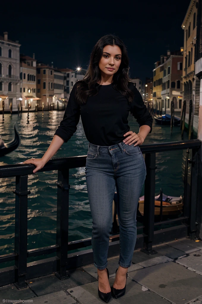 teacher, in jeans and black shirt, stiletto heels, at night on the Rialto bridge in Venice