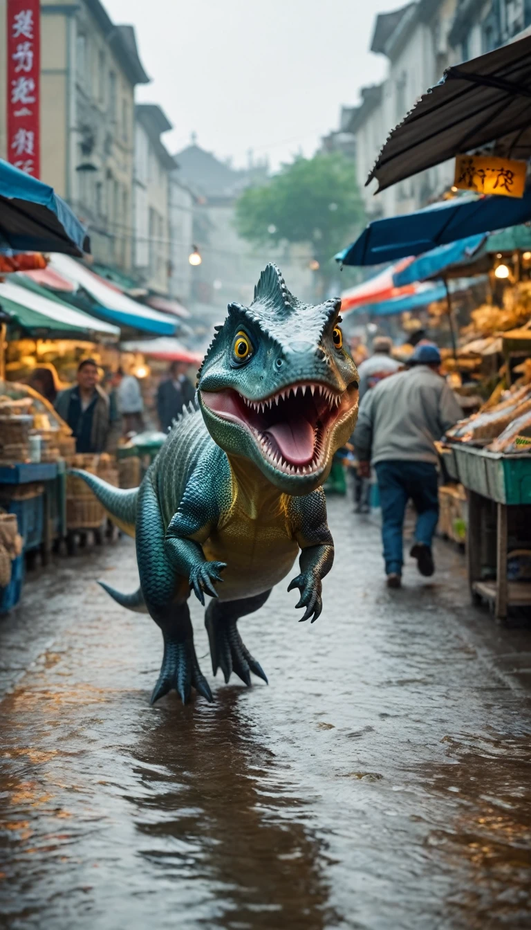 A still of a little dinosaur that just stole a fish from a fish store,  Dinosaur escapes in the market，The market owner is chasing behind，Shallow depth of field,  Vignette,  Very detailed,  High Budget,  Bokeh,  Widescreen, ,  epic,  Gorgeous,  Film Grain,  Granular，A funny look of panic on his face，Because he was being chased by the fishmonger. This fish looks silvery.，Medium size. In the background, fishmonger shouts at dinosaurs. The scene is a street in an open-air market, There are stalls and people walking. photo, Wet film, 4K, 8K ,Ultra HD