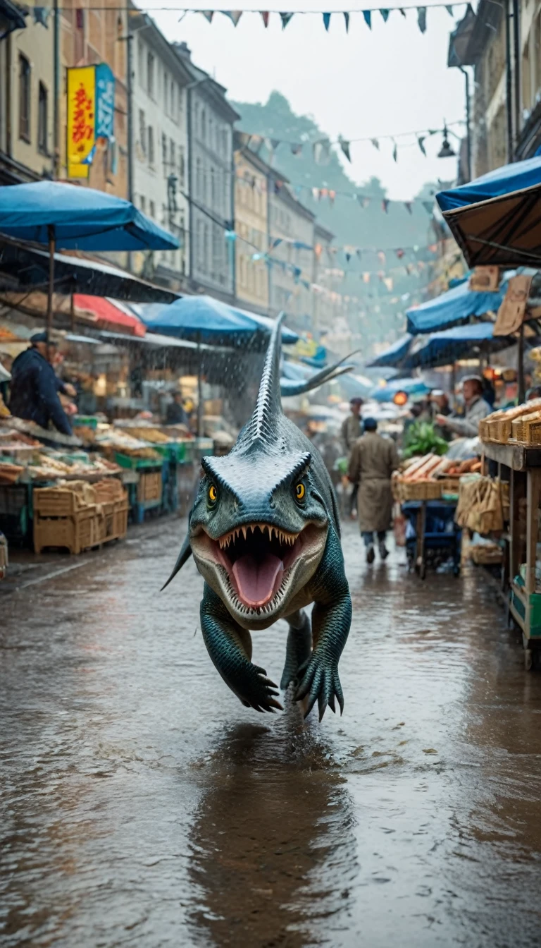 A still of a little dinosaur that just stole a fish from a fish store, Dinosaur escapes in the market,The market owner is chasing behind,Shallow depth of field, Vignette, Very detailed, High Budget, Bokeh, Widescreen, , epic, Gorgeous, Film Grain, Granular,A funny look of panic on his face,Because he was being chased by the fishmonger. This fish looks silvery.,Medium size. In the background, fishmonger shouts at dinosaurs. The scene is a street in an open-air market, There are stalls and people walking. photo, Wet film, 4K, 8K ,Ultra HD