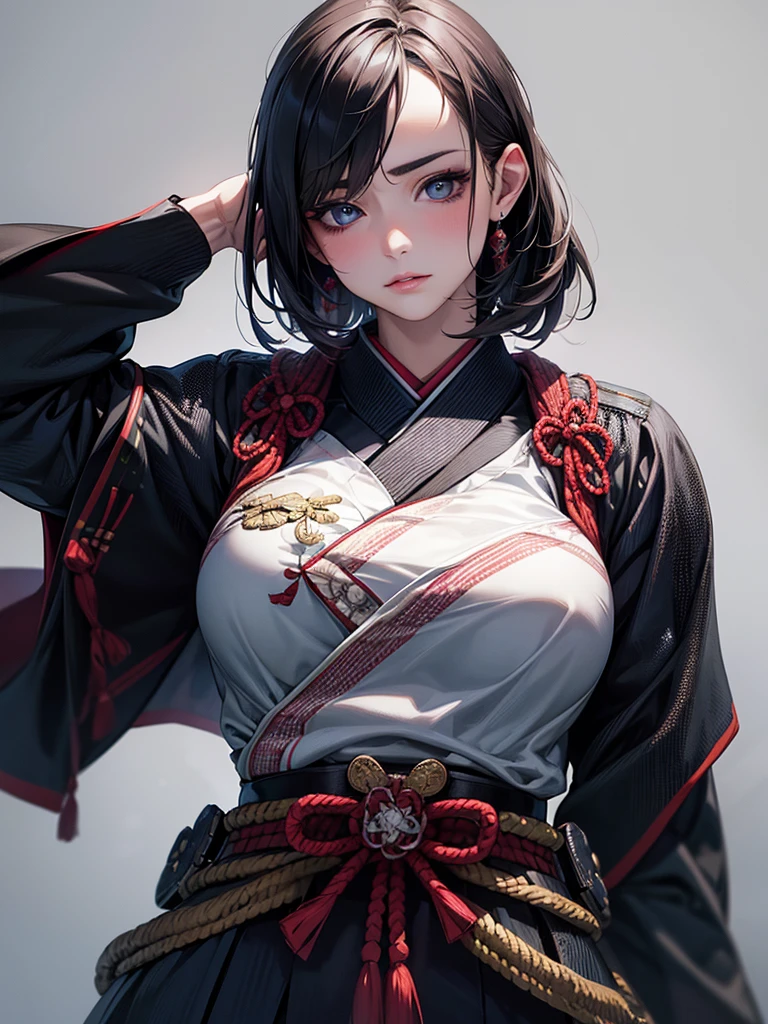 Highest quality, Ultra-high resolution, (Realistic: 1.4), beautiful Eyes, Super beautiful, beautiful, Warrior, Japanese style, beautiful Soldier, Eyes that beckon, Mistress's point of view, Attractive look, Sexy smile, Perfect Style, Perfect balance, Detailed skin, Mischievous Gaze, (Black Hair、ponytail), Droopy eyes、Japanese sword
