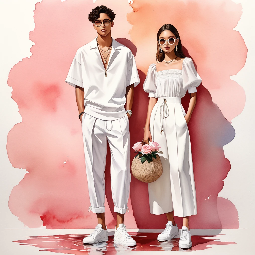 candid fashion illustration of young Mixed race man and woman, both aged 18 year old, ((showcase fashion look book in a Black and White rayon outfits)), the design inspired Rose flower, in elegant young chic bohemian style. The man wears an oversized short-sleeved bowling white shirt with a minimal embroidery details, paired with relaxed-fit white Sports pants with Drawstring, He completes his look with white sneakers, round glasses. The woman complements him in a white Calf-length fitted dress in a cotton crêpe weave with a sweetheart neckline, smocked section at the back and a concealed zip at one side. Elbow-length, organza-filled balloon sleeves with covered elastication over the shoulders and at the cuffs, Her ensemble includes an accessorizes with a brimmed straw bag, wood necklace and white sneakers and necklace. Captured in a low angle, ((full-body image)), ((light rose flower in water color background)), sketching, realistic drawing, ((imperfect water color drawing)), fashion look book, fashion illustrator, sketch design,
