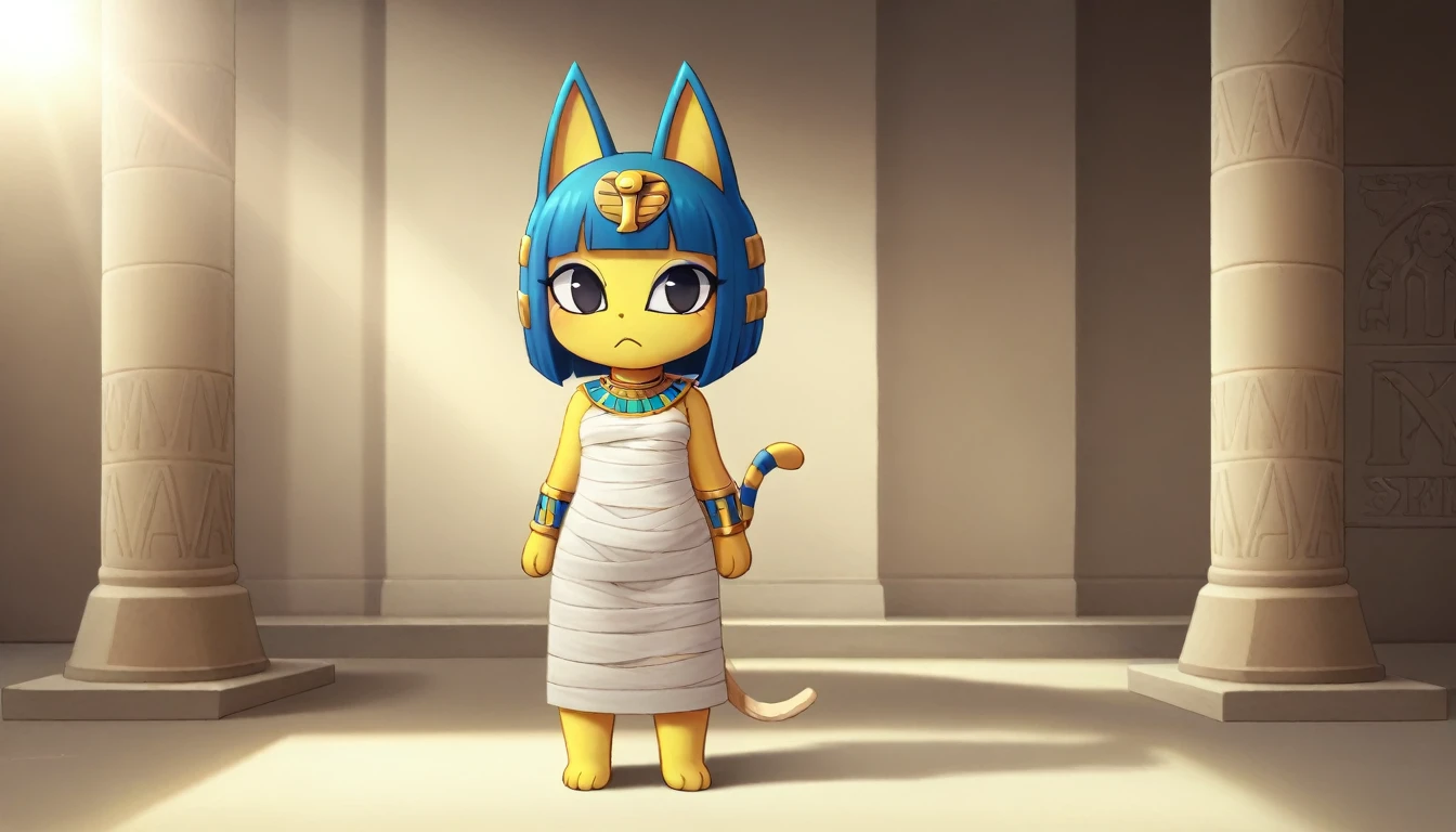 1girl，Artist Name，Egyptian cat，Blue Hair，skin，Keep your mouth shut，Wear，whole body，solo，Standing，猫Tail，Keep your mouth shut，Wear，Looking at the audience,Animal Crossing Furry, Blue Hair, Hair accessories, 黄skin, black eyes, White Dress, Tail, Egyptian Pyramids，mummy，Sunlight，sunny，(masterpiece), ((best quality), Detailed background, masterpiece, best quality, high quality, absurd, The award-winning, professional, Very detailed