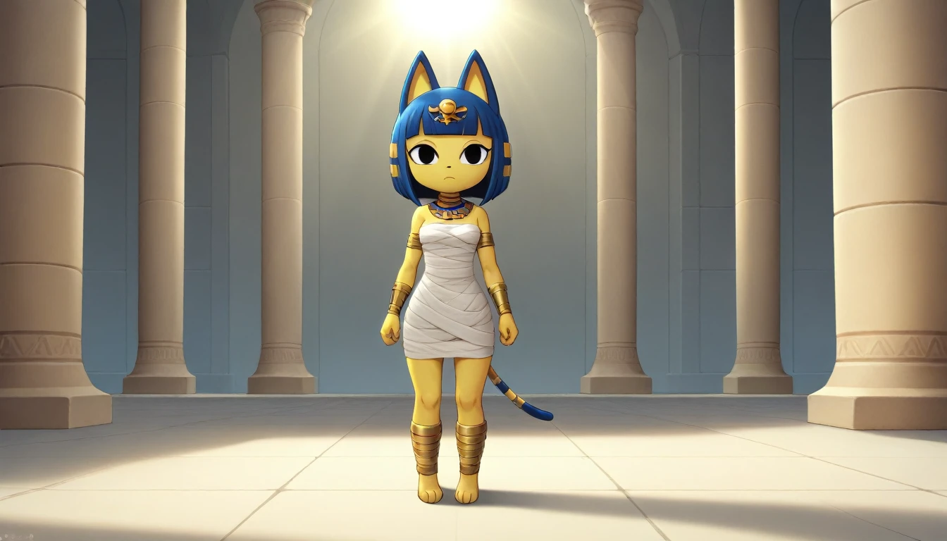 1girl，Artist Name，Egyptian cat，Blue Hair，skin，Keep your mouth shut，Wear，whole body，solo，Standing，猫Tail，Keep your mouth shut，Wear，Looking at the audience,Animal Crossing Furry, Blue Hair, Hair accessories, 黄skin, black eyes, White Dress, Tail, Egyptian Pyramids，mummy，Sunlight，sunny，(masterpiece), ((best quality), Detailed background, masterpiece, best quality, high quality, absurd, The award-winning, professional, Very detailed