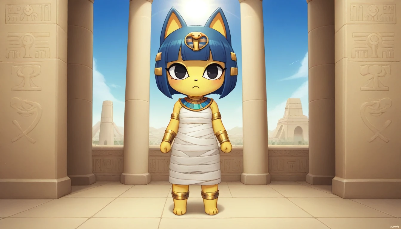 1girl,Artist Name,Egyptian cat,Blue Hair,skin,Keep your mouth shut,Wear,whole body,solo,Standing,猫Tail,Keep your mouth shut,Wear,Looking at the audience,Animal Crossing Furry, Blue Hair, Hair accessories, 黄skin, black eyes, White Dress, Tail, Egyptian Pyramids,mummy,Sunlight,sunny,(masterpiece), ((best quality), Detailed background, masterpiece, best quality, high quality, absurd, The award-winning, professional, Very detailed