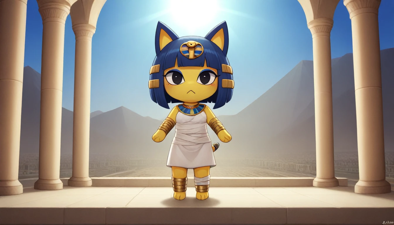 1girl,Artist Name,Egyptian cat,Blue Hair,skin,Keep your mouth shut,Wear,whole body,solo,Standing,猫Tail,Keep your mouth shut,Wear,Looking at the audience,Animal Crossing Furry, Blue Hair, Hair accessories, 黄skin, black eyes, White Dress, Tail, Egyptian Pyramids,mummy,Sunlight,sunny,(masterpiece), ((best quality), Detailed background, masterpiece, best quality, high quality, absurd, The award-winning, professional, Very detailed