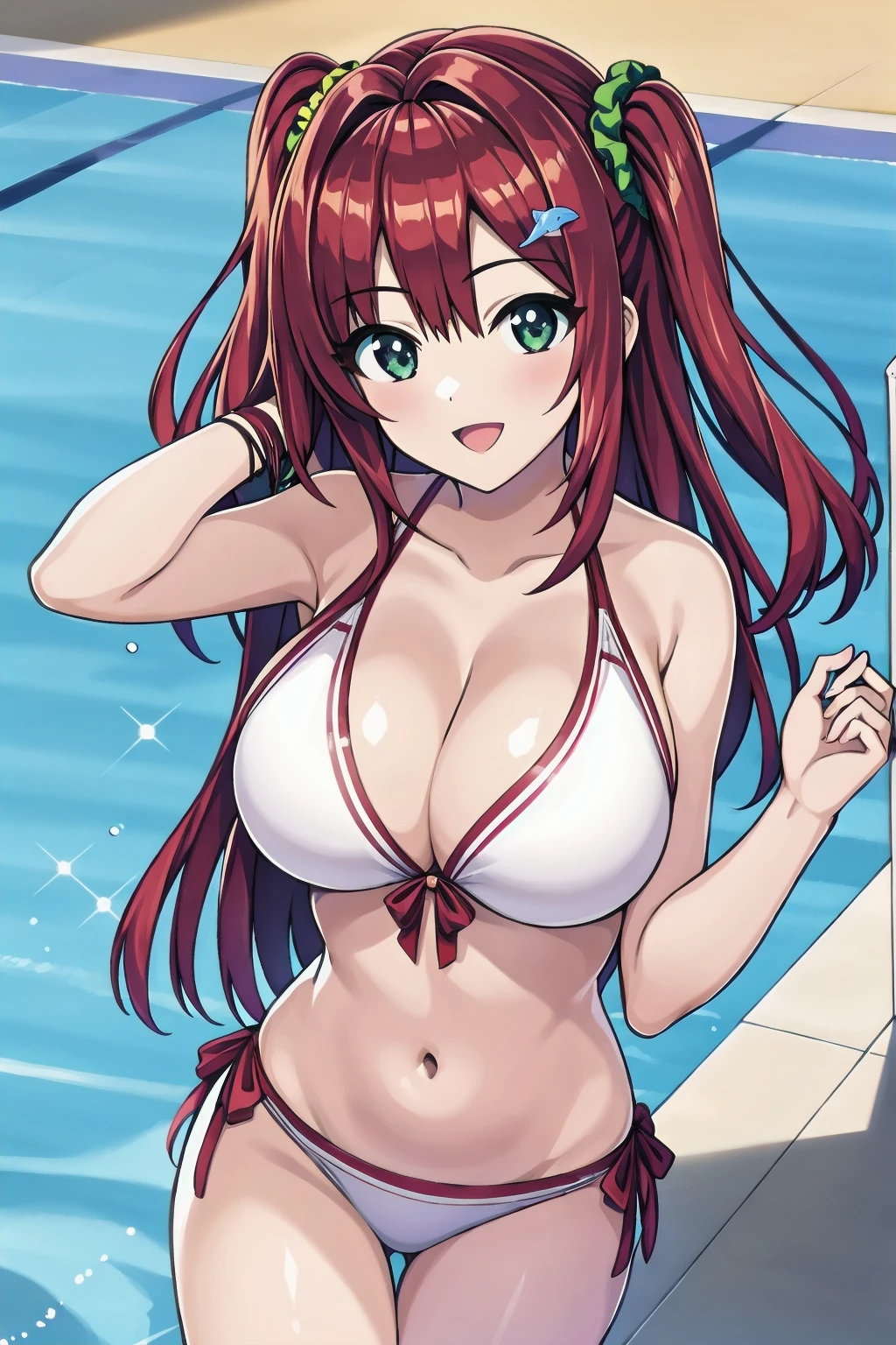 anime style, best quality, high quality, detailed face, detailed eyes,
sakimiya iruka, sakimiyairuka, sakimiya iruka, sakimiyairuka, Sakimiya enters China,
独奏, 独奏 focus, side ponytail,
large breasts,
比基尼, cleavage, navel, smile,
1girl, sakimiya iruka, dolphin wave, red hair, one side up, green scrunchie, hair ornament, green eyes,
比基尼, smile,
pool,
masterpiece, best quality, very aesthetic, newest, cinematic lighting, highres, absurdres, incredibly absurdres,