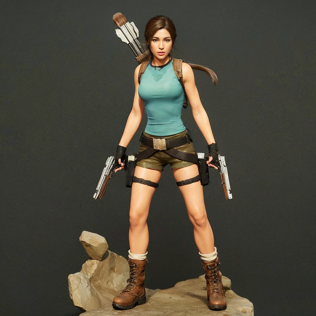 Lara Croft, eyes browns, (best qualityer, ultra details), (realisitic:1.37), beautiful and detailed face, ultra-realisitic texture, Exquisite face, Delicate body, red lipgloss stick, shiny colors. High definition, 8K