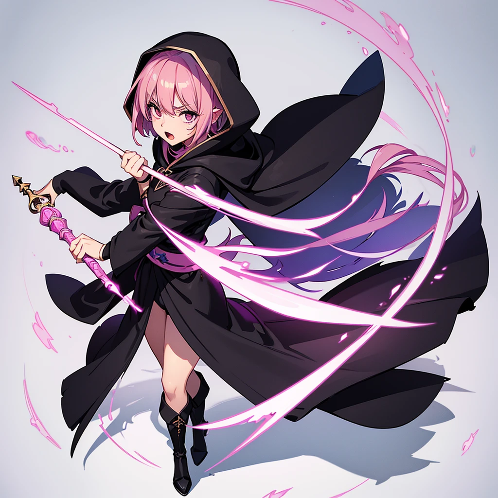 (Full body character concept)、Best illustrations、Best Quality、(Solo、23 years old)、(The same face:1.1),Dynamic pose,Medieval Fantasy、Magic wand,(White Background)、(Pink Hair、Very Short Hair、Align your bangs)、(Black hood、Black Robe、pants、Knee-high boots)、(From above)、Run、(get annoyed、Open your mouth)