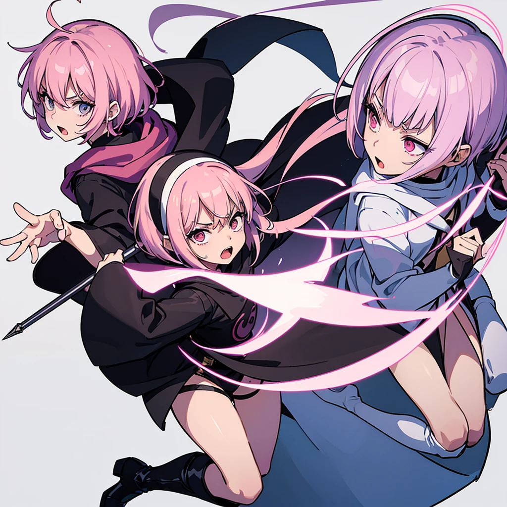 (Full body character concept)、Best illustrations、Best Quality、(Solo、23 years old)、(The same face:1.1),Dynamic pose,Medieval Fantasy、Magic wand,(White Background)、(Pink Hair、Very Short Hair、Align your bangs)、(Black hood、Black Robe、pants、Knee-high boots)、(From above)、Run、(get annoyed、Open your mouth)