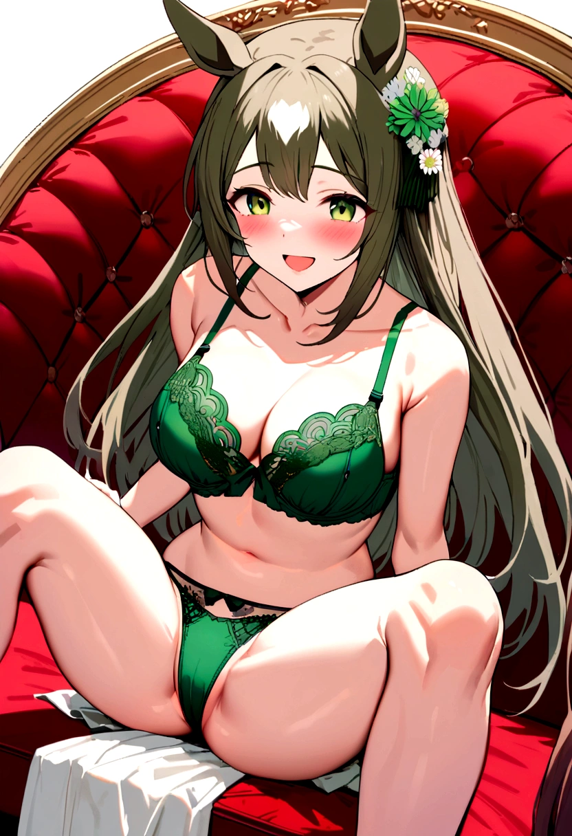 (((Horse Girl))), (((Fine Motion))), sitting on a luxurious red sofa, smile, A young lady-like outfit with white as the base and green embroidery, , High resolution, (((Ecstatic expression))), (((Beautiful Face))), (((Green adult sexy bra and panties))), 