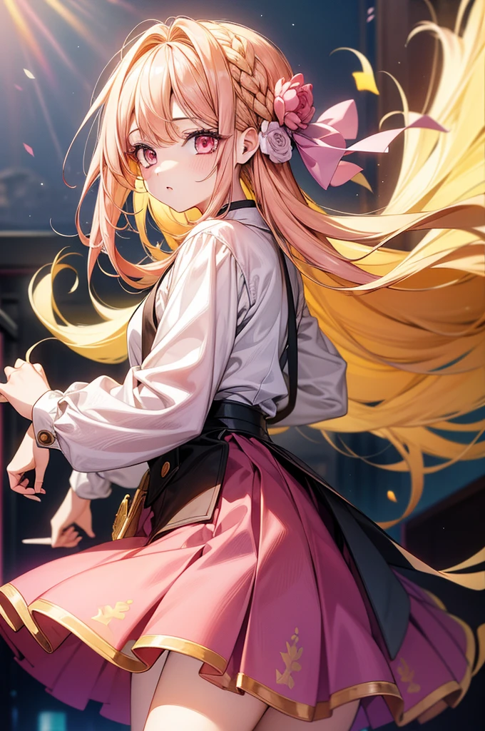 1girl, masterpiece, highquality, yellow hair, pink eyes, ong hair, cute outfit, skirt, cute pose, magazine, long hair, model