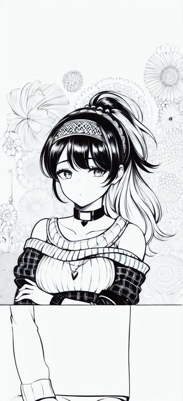 ((1girl)),lineart, monochrome,((masterpiece)), ((best quality)),((8K wallpaper)),((highly detailed)),sweater, ribbed sweater, hairband, plaid, plaid skirt, choker , aran sweater, off-shoulder sweater, long hair, belt, hair ornament, skirt, heart,hairband, off shoulder, choker, collarbone