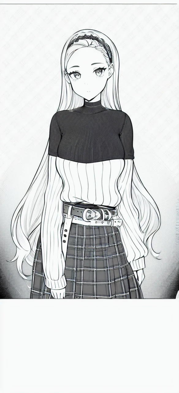 ((1girl)),lineart, monochrome,((masterpiece)), ((best quality)),((8K wallpaper)),((highly detailed)),sweater, ribbed sweater, hairband, plaid, plaid skirt, choker , aran sweater, off-shoulder sweater, long hair, belt, hair ornament, skirt, heart,hairband, off shoulder, choker, collarbone