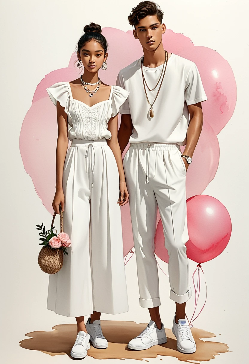 candid fashion illustration of young Mixed race man and woman, both aged 18 year old, ((showcase fashion look book in a Black and White rayon outfits)), inspired by BACKSTAGE resort collection 2023 in elegant young chic bohemian style. The man wears an oversized short-sleeved bowling white shirt with a minimal embroidery details, paired with relaxed-fit white Sports pants with Drawstring, He completes his look with white sneakers, round glasses. The woman complements him in a white Calf-length, fitted dress in a cotton crêpe weave with a sweetheart neckline, smocked section at the back and a concealed zip at one side. Elbow-length, organza-filled balloon sleeves with covered elastication over the shoulders and at the cuffs, Smocked details to creating gathers technique, Her ensemble includes an accessorizes with a brimmed straw bag, wood necklace and white sneakers and necklace. Captured in a low angle, ((full-body image)), ((light rose flower water color background)), sketching, realistic drawing, ((imperfect water color drawing)), fashion look book, fashion illustrator, sketch design,