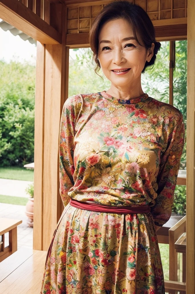 Create a high-resolution illustration of a beautiful mother in her 50s, Designed to express her elegance and elegance with the highest quality and photorealistic details. She must embody age-appropriate mature beauty, With a bright smile and a warm feeling, Fascinating presence, Rendered with great attention to detail. She’s wearing a light, flowy dress, Exposing breasts, (arms behind back),Her outfit should reflect her sophisticated style, The perfect balance of sophistication and comfort, symbolizing a rich and fulfilling life.. The background should be of photographic quality and complement her persona, perhaps highlighting her nurturing spirit、Perhaps it depicts a cozy home or a peaceful outdoor environment, This illustration、As well as her physical beauty、Aims to show the depth of character and wisdom she has acquired, Achieve a level of detail that makes your artwork indistinguishable from high-quality photographs.